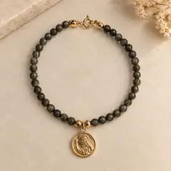 GENERICO - Pulsera Piedra Pirita Natural y San Benito Oro 18k