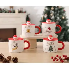 GENERICO - Tazas Pequeña Con Tapa Navideñas 10x8 Cm 430 mL Set 6