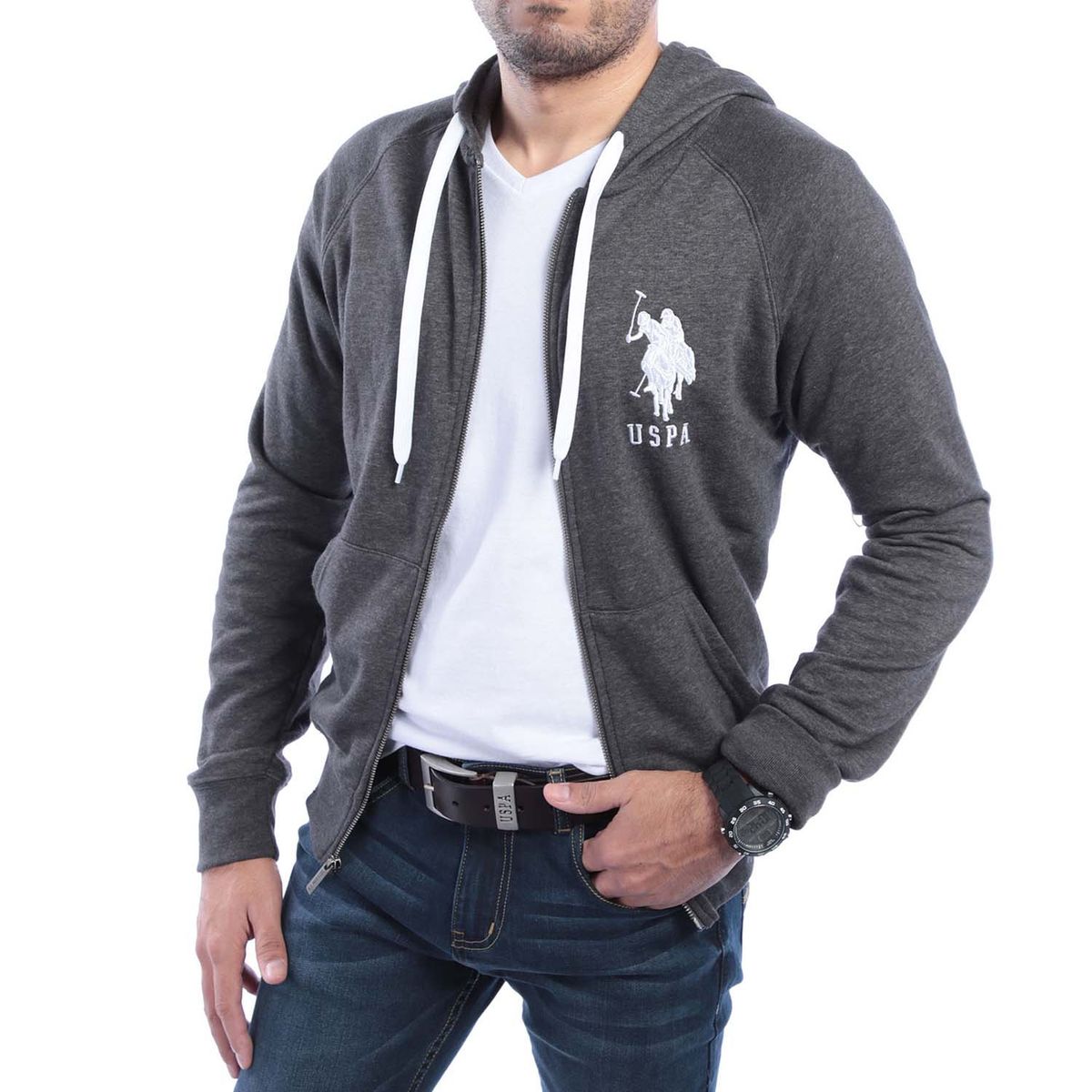 US POLO ASSN - Poleron Gris Us Polo Con Cierre Hombre