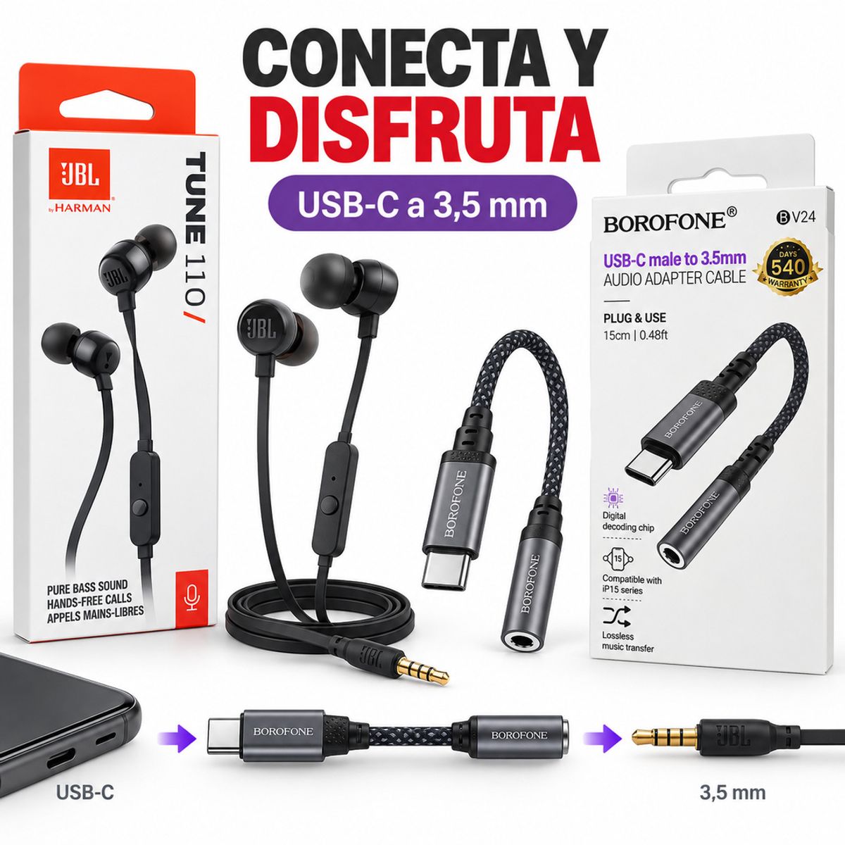 JBL - Audifonos JBL Tune 110 Con Adaptador USB C a 35mm