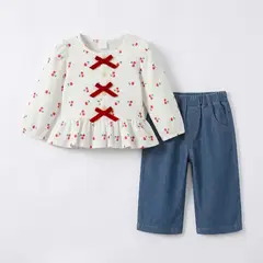 CHINA - Conjunto 2 Prendas Pantalon + Polera Blanco Estampada Cerezas CJ279
