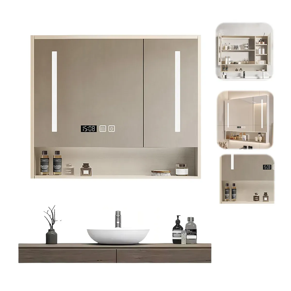 UENMI - Armario Con Espejo Para El Cuarto De Baño Gris Claro Con Luz