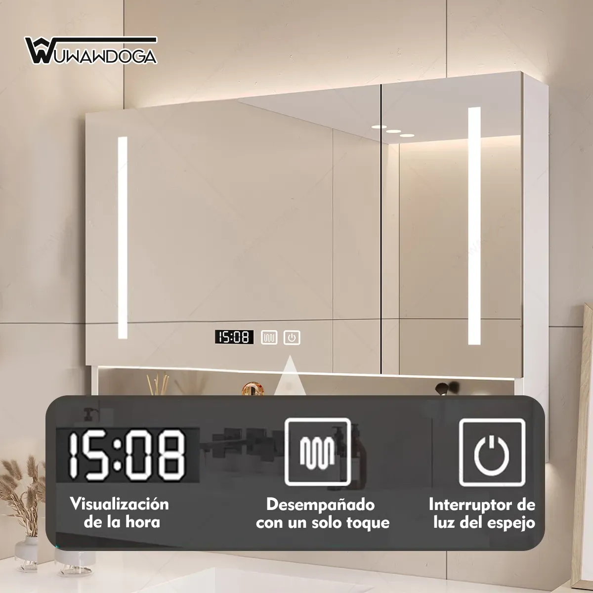 UENMI - Armario Con Espejo Para El Cuarto De Baño Gris Claro Con Luz