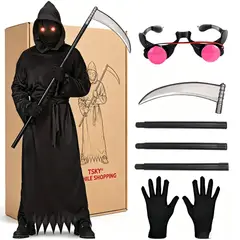 TSKY CHILE SHOPPING - Disfraz Halloween Muerte Niño Con Mascara Led Roja Guadaña Tunica Negra Disfraces Terror Pano