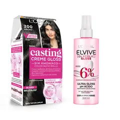 LOREAL PARIS - Set Tintura Casting Crème Gloss 200 Negro + Elvive Glycolic Gloss Acidificante 200 ml LOréal Paris