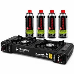 PROVIDUS - KIT COCINILLA CAMPING HUELDE + 4 LATAS GAS 227 GRAMOS
