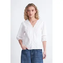NICOPOLY - Blusa Encaje Manga Globo Blanco Mujer