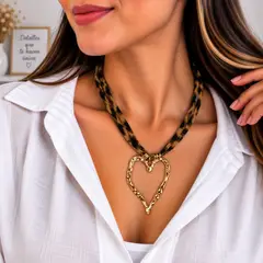 ACCESORIA - Collar Mujer Pañuelo Animal Print Con Dije Corazón Grande