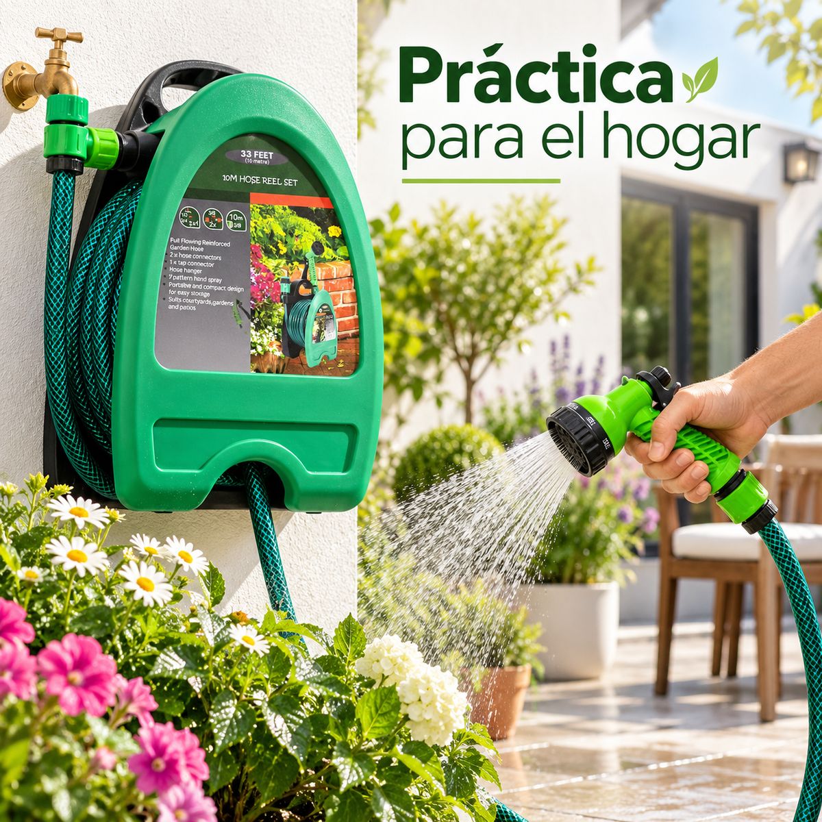 DOPA - Set Manguera Jardín 10 Metros Con Enrollador Pistola 7 Chorros