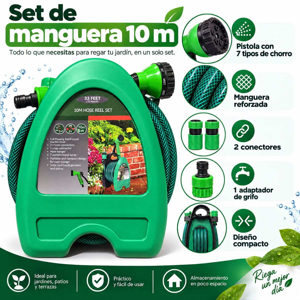 DOPA - Set Manguera Jardín 10 Metros Con Enrollador Pistola 7 Chorros