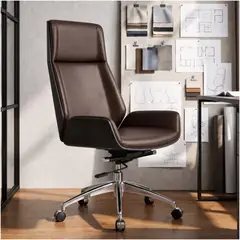 HOMER DESIGN - Silla Oficina Gerencial Respaldo Madera Asiento De Cuero pata acero