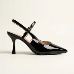 MD - Zapato Mujer Slingback Charol Negro Doble Correa Taco Tacon