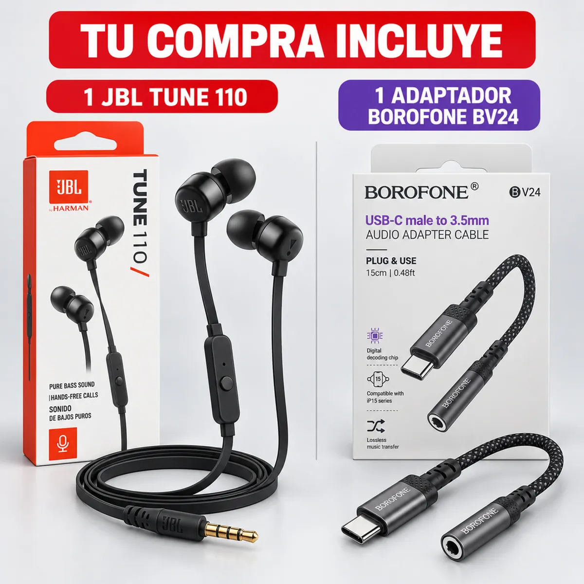 JBL - Audifonos JBL Tune 110 Con Adaptador USB C a Jack 3.5mm