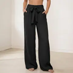 HERIEL - Pantalón Palazzo Lino Verano Lazo Tiro Alto Wide Leg Pretina Elasticada