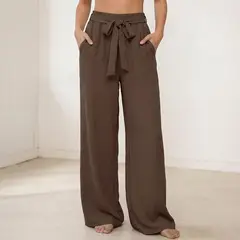 HERIEL - Pantalón Palazzo Lino Verano Lazo Tiro Alto Wide Leg Pretina Elasticada