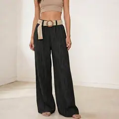 HERIEL - Pantalón Palazzo Lino Verano Más Cinturón Tiro Alto Wide Leg Pretina Elasticada