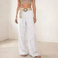 HERIEL - Pantalón Palazzo Lino Verano Más Cinturón Tiro Alto Wide Leg Pretina Elasticada