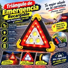 MOVI - Triángulo de Emergencia Recargable con Panel Solar, Luz LED y Linterna – Señalización Vial
