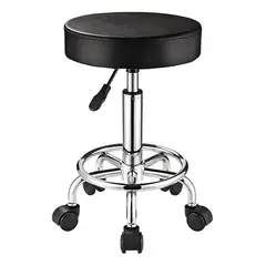 GENERICO - Taburete con Ruedas Altura Regulable Asiento Redondo Acolchado Negro