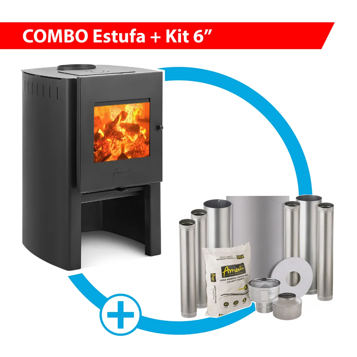 AMESTI - Combo Estufa a Leña Firelog 380 Amesti + Kit Instalación 6"
