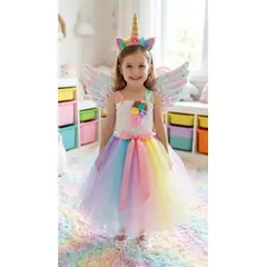 ALMA & DECO - Vestido Tiras Tutú Flores Blanco Arcoiris Diadema Unicornio Regalo