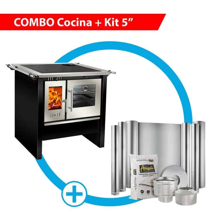 Cocina a leña Allegra inox Negra + Kit Instalación 5