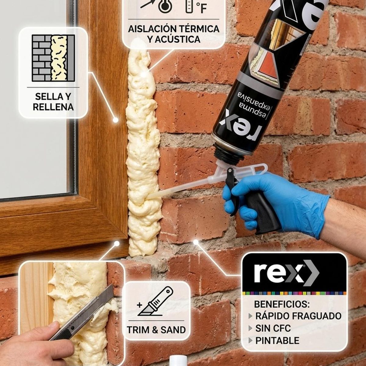REX - Rex Espuma Expansiva Poliuretano 750ml Sellante Aislante
