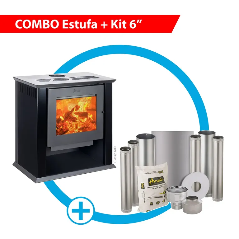 Estufa a Leña Classic 600 Negra + Kit Instalación 6