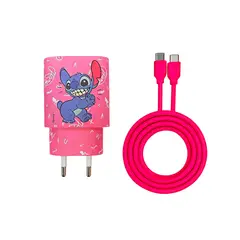 DISNEY - Cargador Rápido Certificado SEC Stitch Rosa 20W con Cable USB-C