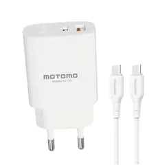 MOTOMO - Cargador de Pared PD-L20 20W USB-A + USB-C con Cable USB-C a USB-C Blanco