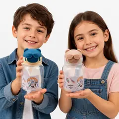 GENERICO - Botella de Agua Infantil con Tapa de Oso y Popote 600 ml (16 x 9.5 cm)