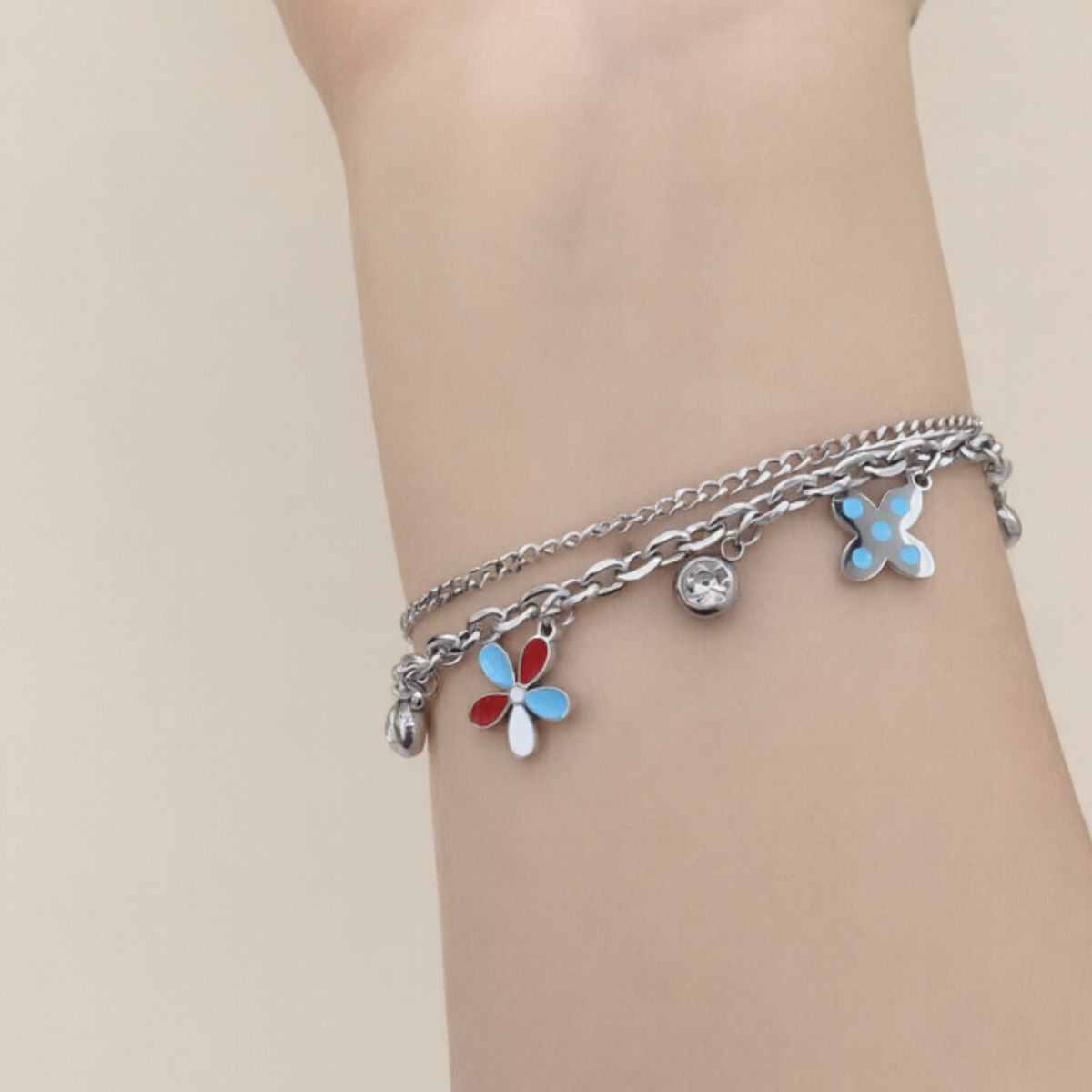 GACIRON - Pulsera Doble Cadena con Dijes de Flores y Cristal - Estilo Verano