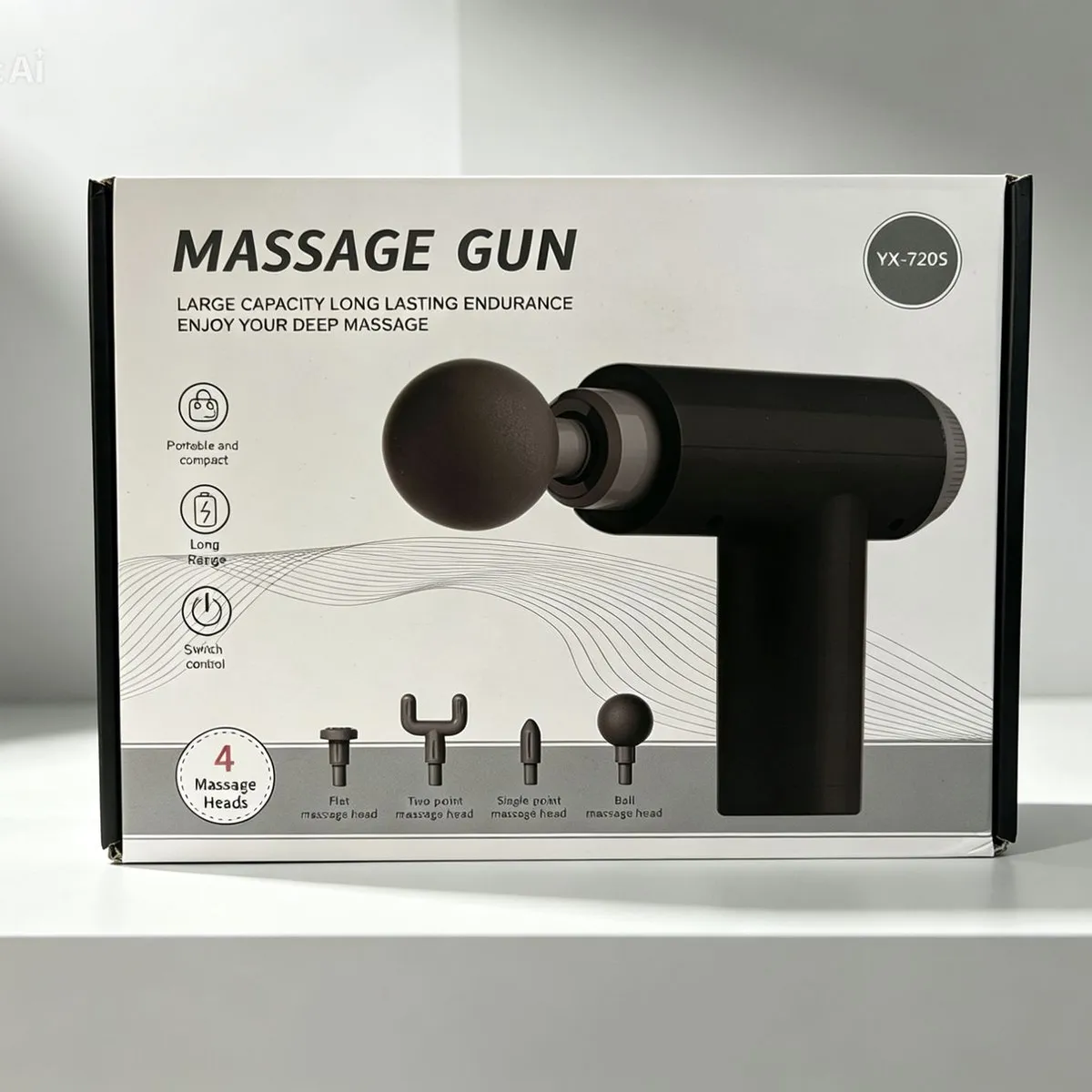 GENERICO - Pistola de Masaje Muscular Masajeadora Percusión 4 Cabezales negro YX-720S