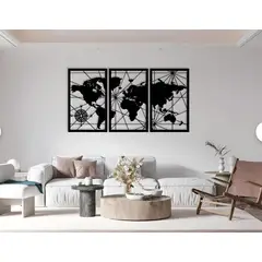 GENERICO - Tríptico Decorativo Mapamundi en Madera MDF Color Negro