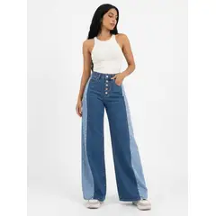 AGW - Pantalon Jeans mujer bi color wide leg tiro alto botones