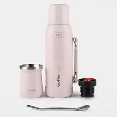 BUFFER FLASK - Termo Mate Set 1 Litro Buffer Acero Inox Kit Matero Bombilla - Rosa