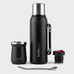 BUFFER FLASK - Termo Mate Set 1 Litro Buffer Acero Inox Kit Matero Bombilla - Negro