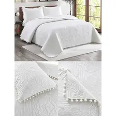 GENERICO - CUBRECAMA QUILT DE VERANO CON RELIEVE Y POMPONES 2 PLAZA 230X250CM UNICOLOR WYM
