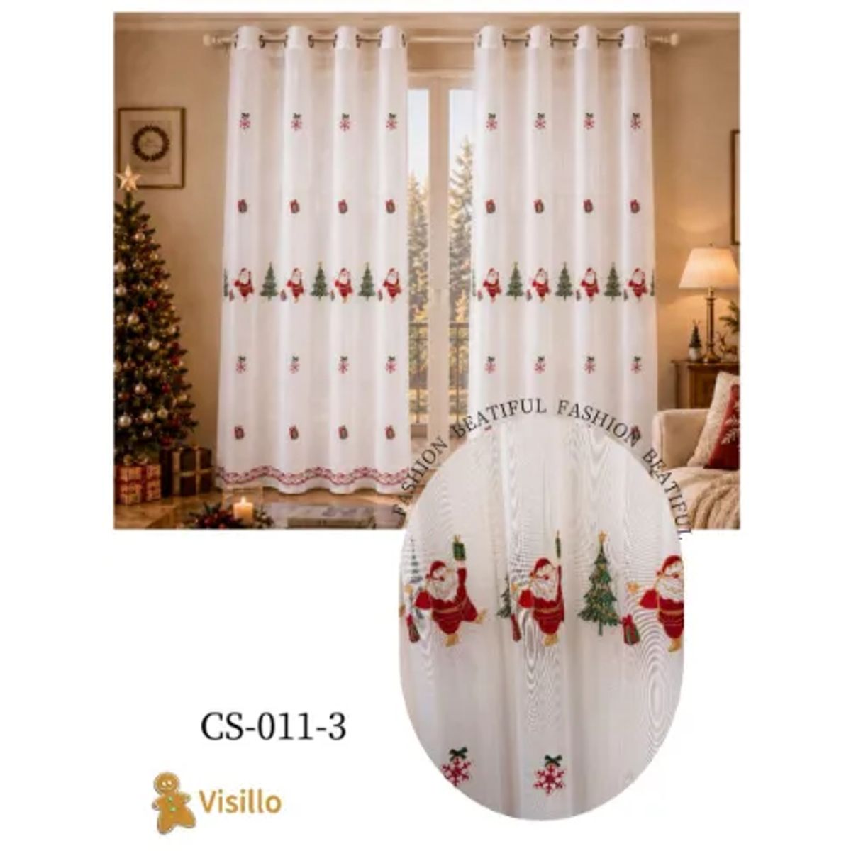 GENERICO - Visillo Cortina Con diseños Bordados de Navidad