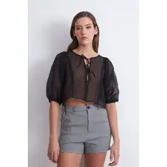NICOPOLY - Blusa Transparente Manga Globo Negro