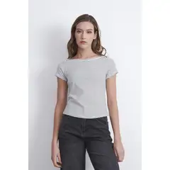 NICOPOLY - Polera Rayas Horizontales Cuello Bote Blanco