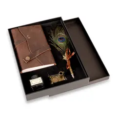 FRANZ MOSSI - Diario, agenda, cuaderno de cuero real. Caja, tinta, pluma Pavo Real