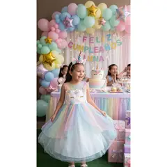 ALMA & DECO - Vestido Niña Princesa Unicornio Arcoiris con Lazo Color Celeste