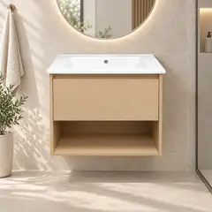 JOYTEK - Mueble Vanitorio Austin Beige Natural con Cajón y Repisa 60x47x52 cm Incluye Cubierta de Loza