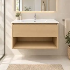 JOYTEK - Mueble Vanitorio Austin Beige Natural con Cajón y Repisa 80x47x52 cm Incluye Cubierta de Loza