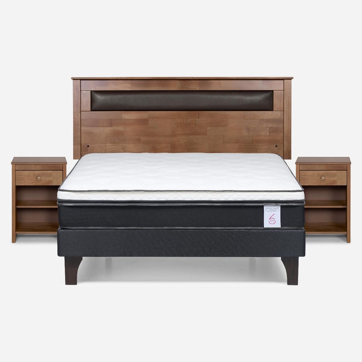 ROSEN - Cama Europea New Style 6 2 Plazas + Respaldo + 2 Veladores Rosen