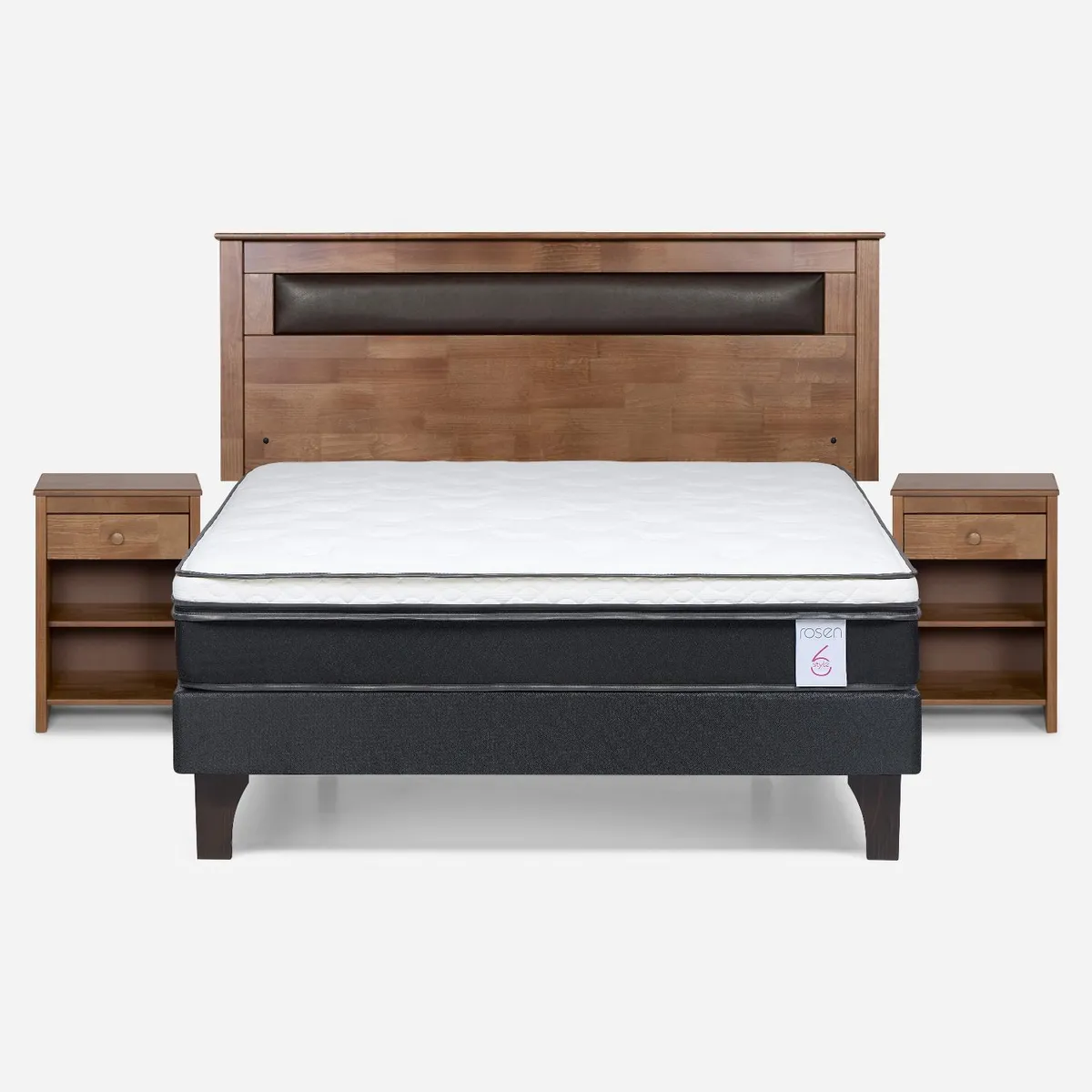 ROSEN - Cama Europea New Style 6 2 Plazas + Respaldo + 2 Veladores Rosen