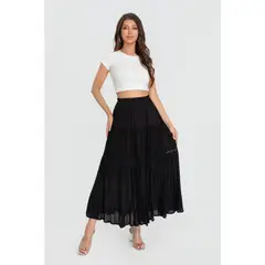 LIKE SHOP - Falda Larga Mujer Tipo Gasa Tiro Alto con Vuelos Aplicacion Bordado 0130