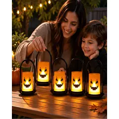 MYLHOGAR - Set de 6 Lámparas LED de Halloween con Diseño de Calabaza y Asa Metálica