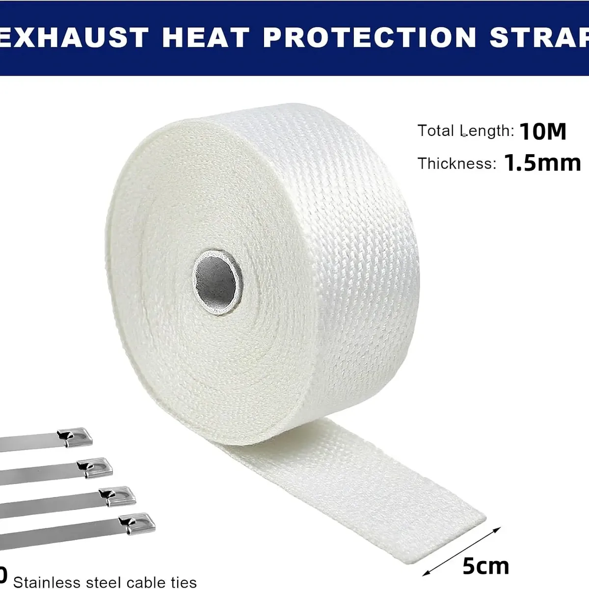 NEBLISUR - 5CM X 10M Cinta Escape Tubos Térmica Fibra De Vidrio Blanca Motocicleta con 10 Bridas
